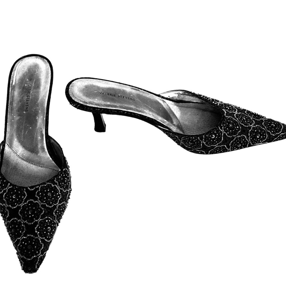 Valerie Stevens Black Beaded Slide Heel Shoes 7 - Picture 1 of 5